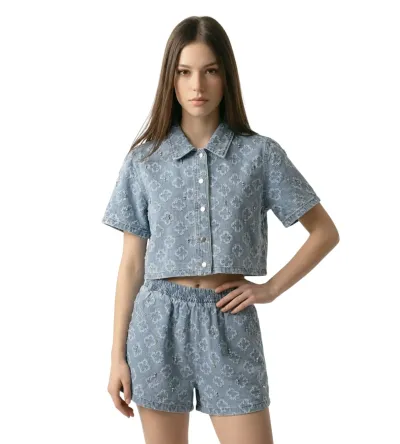 Γυναικείο Τζιν Σετ με Σορτς & Crop Πουκάμισο με Σταρς