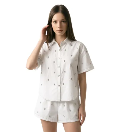 Γυναικείο Τζιν Σετ με Σορτς & Πουκαμίσα με Στρας