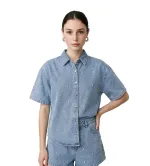 Γυναικείο Τζιν Σετ με Σορτς & Πουκαμίσα με Στρας