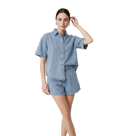 Γυναικείο Τζιν Σετ με Σορτς & Πουκαμίσα με Στρας
