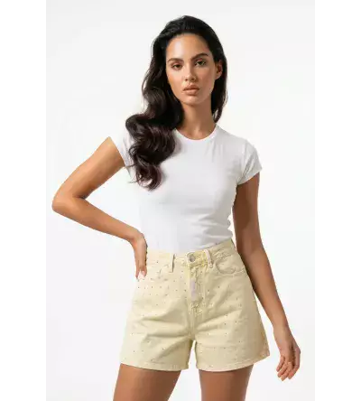 Γυναικείο Κίτρινο Τζιν Σορτσάκι με Στρας | Denim Shorts