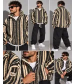 Vinyl Striped Fuzzy Jacket Grey Beige | Ανδρική Ζακέτα