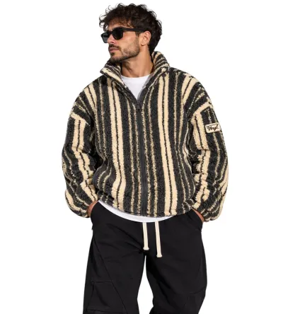 Vinyl Striped Fuzzy Jacket Grey Beige | Ανδρική Ζακέτα