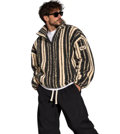 Vinyl Striped Fuzzy Jacket Grey Beige | Ανδρική Ζακέτα