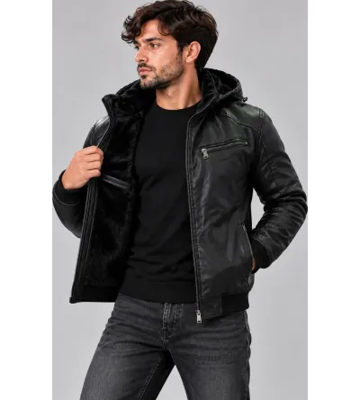 Ανδρικό Μπουφάν Δερματίνη Slim Fit με Επένδυση