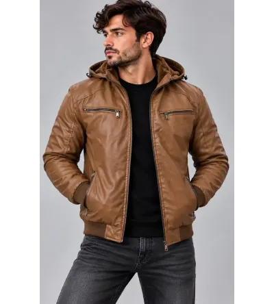 Ανδρικό Μπουφάν Δερματίνη Slim Fit με Επένδυση