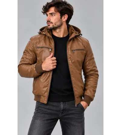 Ανδρικό Μπουφάν Δερματίνη Slim Fit με Επένδυση