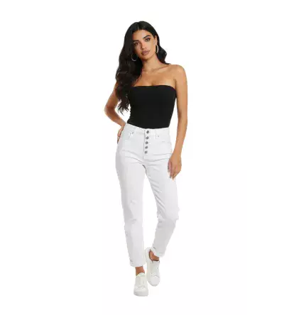 Λευκό Τζιν Mom Fit με Κουμπιά από Στρας – Γυναικείο Denim