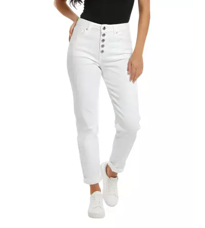 Λευκό Τζιν Mom Fit με Κουμπιά από Στρας – Γυναικείο Denim